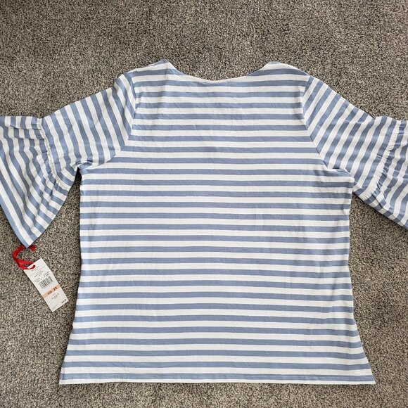 RUBY RD Blue white Stripe Top 3/4 Length Bell Sleeves 2x New with Tag - Picture 2 of 9